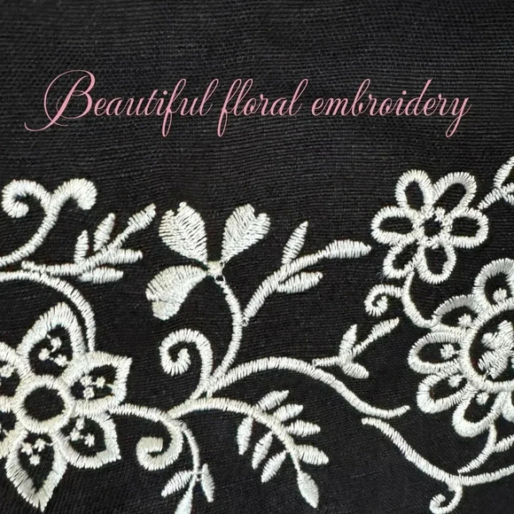 PARAPHRASE Linen Blend Black Fit Flare Dress Midi Embroidered Floral Size 6 - Picture 4 of 13